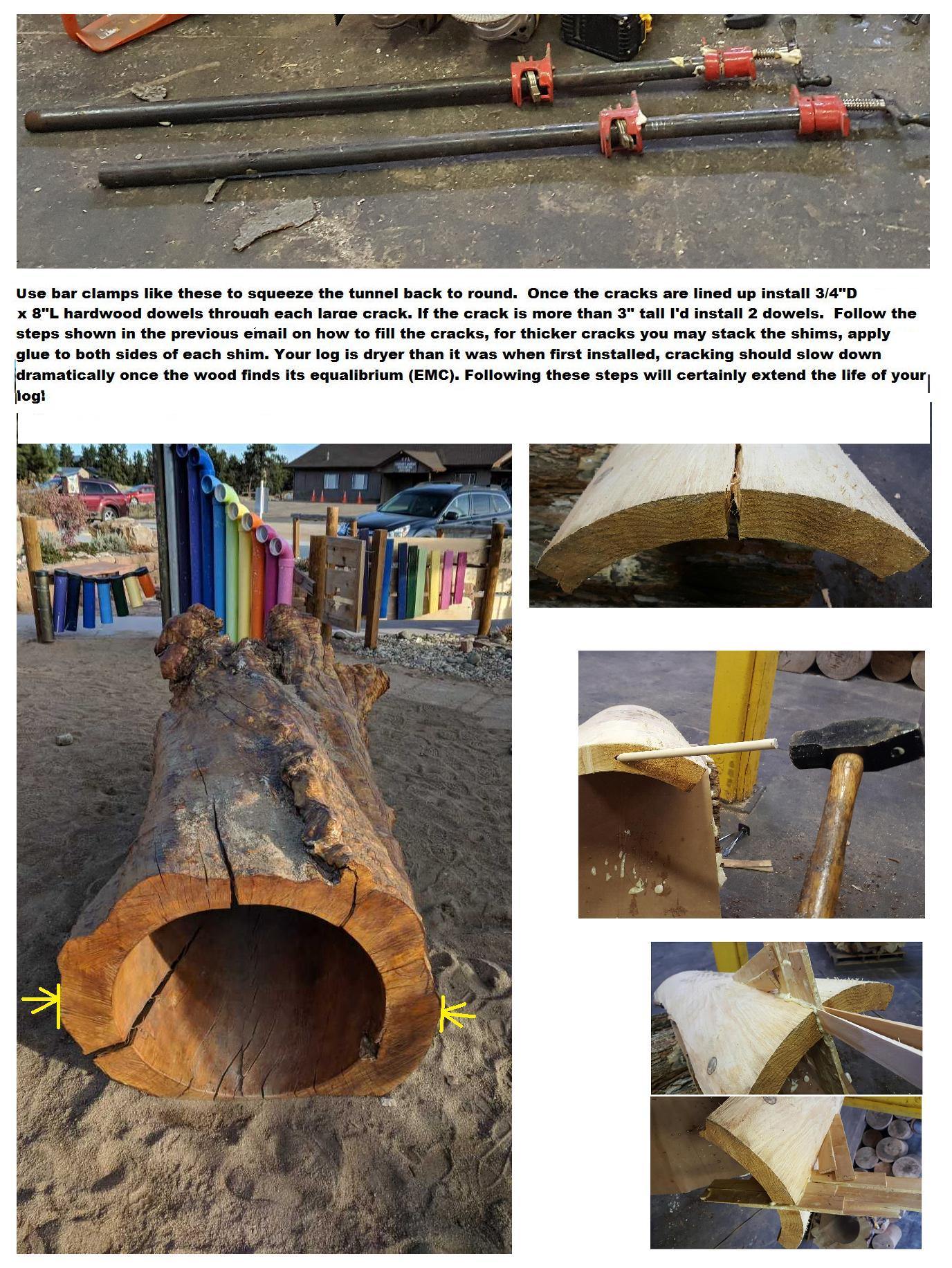 Bar clamps for squeezing a cracked IC WOOD tunnel log back to round; bark-on hollow log installed in sand at a playground with yellow arrows pointing to cracks on both sides of the opening; close-up of a large crack face showing raw wood and Gorilla Glue foam; hammer driving a dowel into a log end; cedar shims fanned in a star pattern at the end of a log — the complete large-crack repair reference sheet with Bob Kilgore's instructions